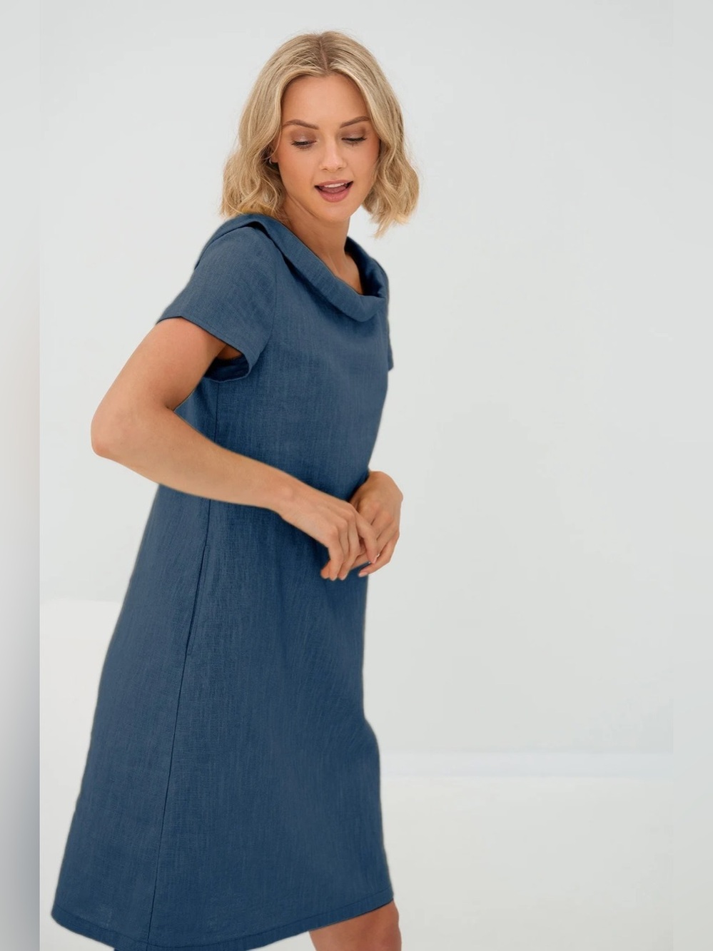 Le Muse Blue Linen Lagenlook Pocketed Dress